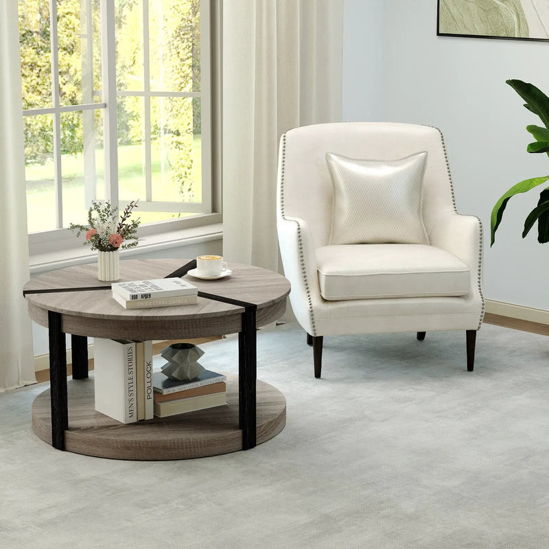 34.5" Rubber Wood 2-Tier Round Center Table with Spacious Tabletop and Storage Shelf-Gray by DirectDeals