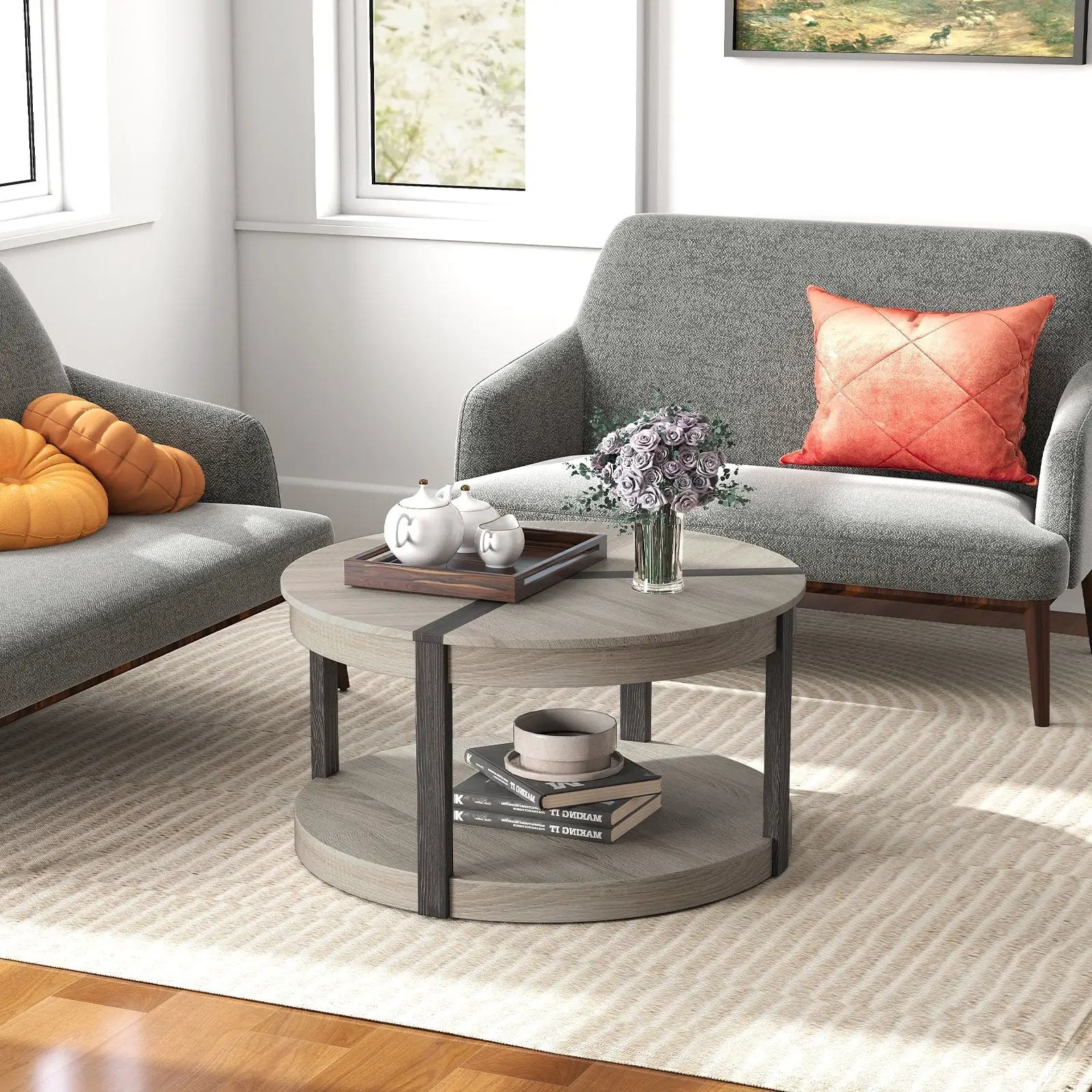 34.5" Rubber Wood 2-Tier Round Center Table with Spacious Tabletop and Storage Shelf-Gray by DirectDeals