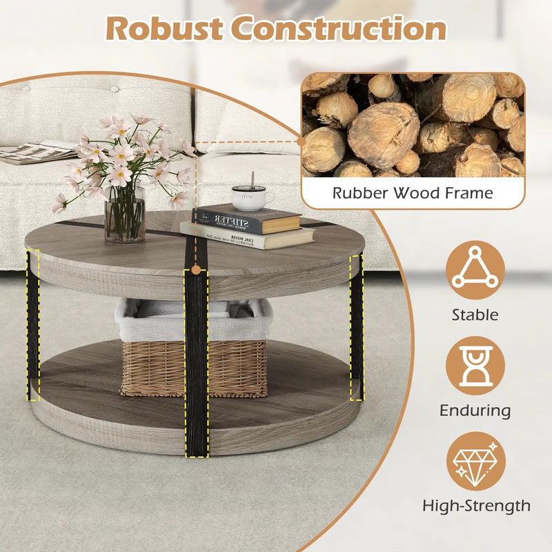 34.5" Rubber Wood 2-Tier Round Center Table with Spacious Tabletop and Storage Shelf-Gray by DirectDeals