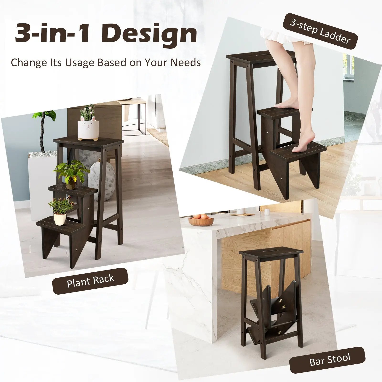3-in-1 Rubber Wood 3 Tier Folding Step Stool Ladder Storage Shelf-Coffee by DirectDeals