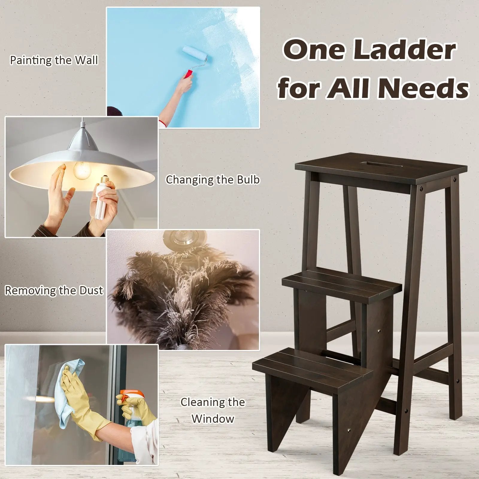 3-in-1 Rubber Wood 3 Tier Folding Step Stool Ladder Storage Shelf-Coffee by DirectDeals