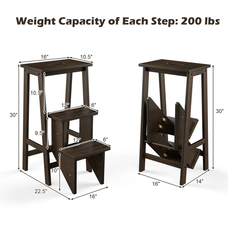 3-in-1 Rubber Wood 3 Tier Folding Step Stool Ladder Storage Shelf-Coffee by DirectDeals