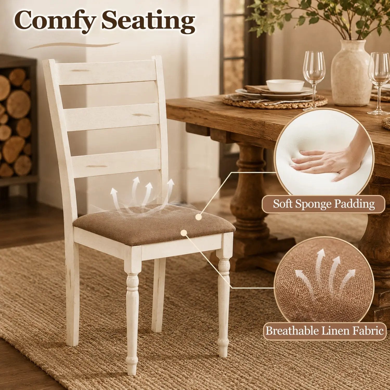 Dining Chairs Set of 2 with Padded Linen Seat by DirectDeals