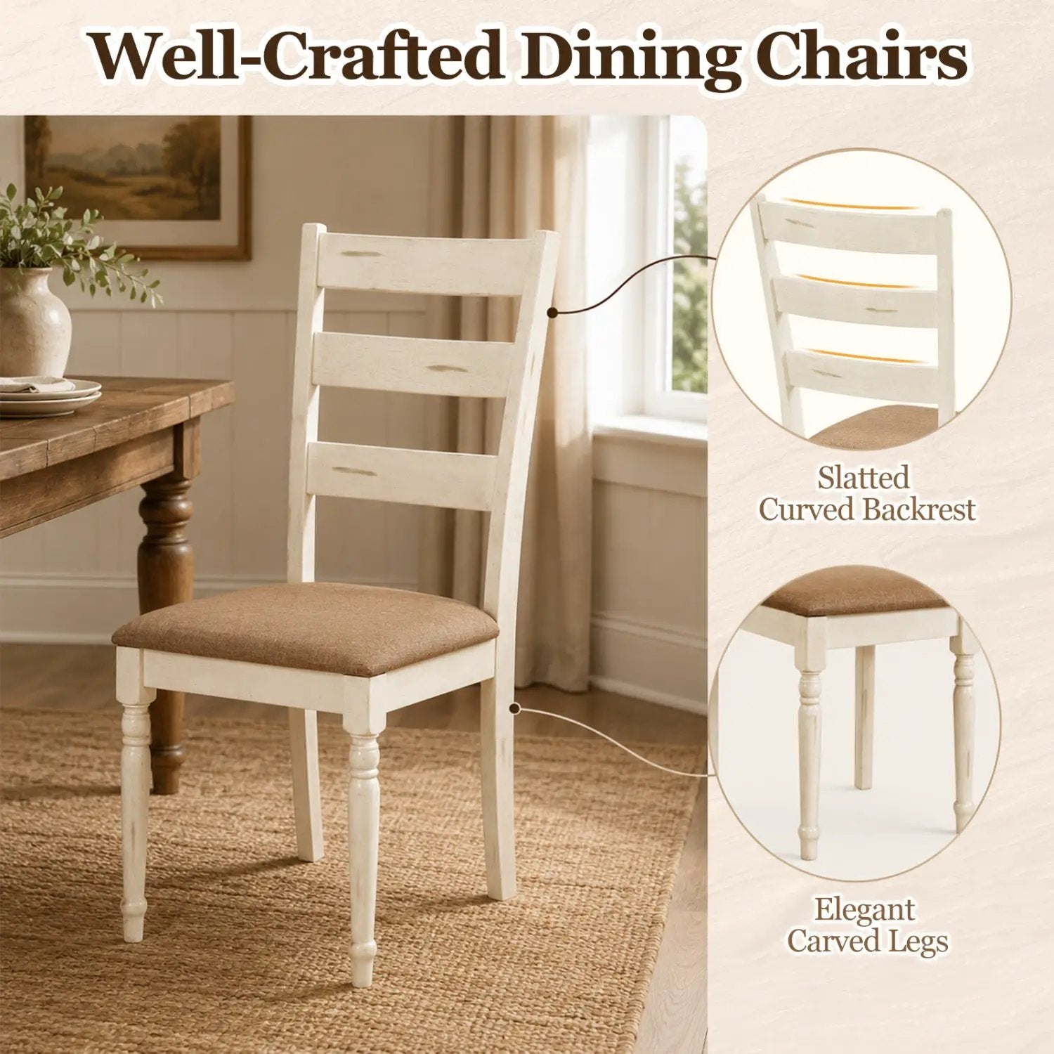 Dining Chairs Set of 4 with Padded Linen Seat & Slatted Back by DirectDeals