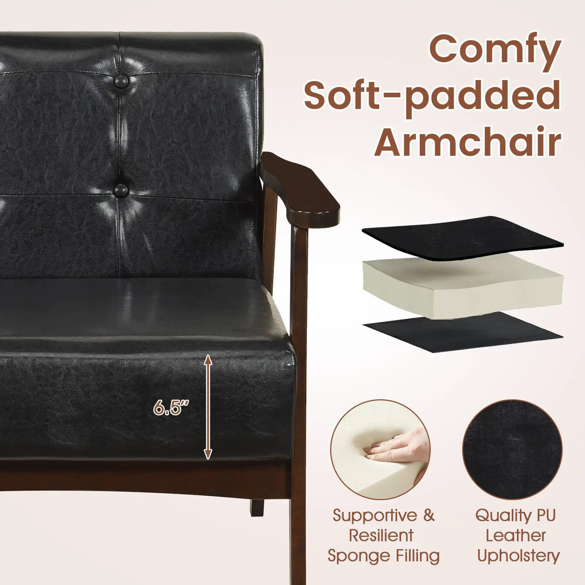 Rubber Wood Frame Accent Chair with Armrest for Living Room, photo 23 of 24