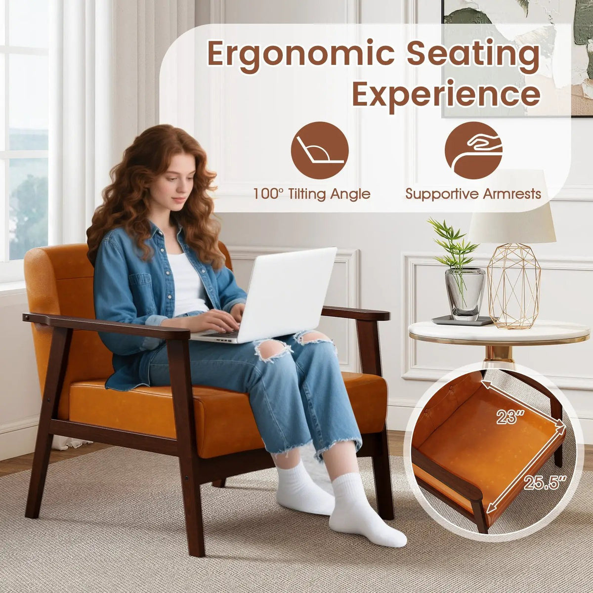 Rubber Wood Frame Accent Chair with Armrest for Living Room, photo 16 of 24