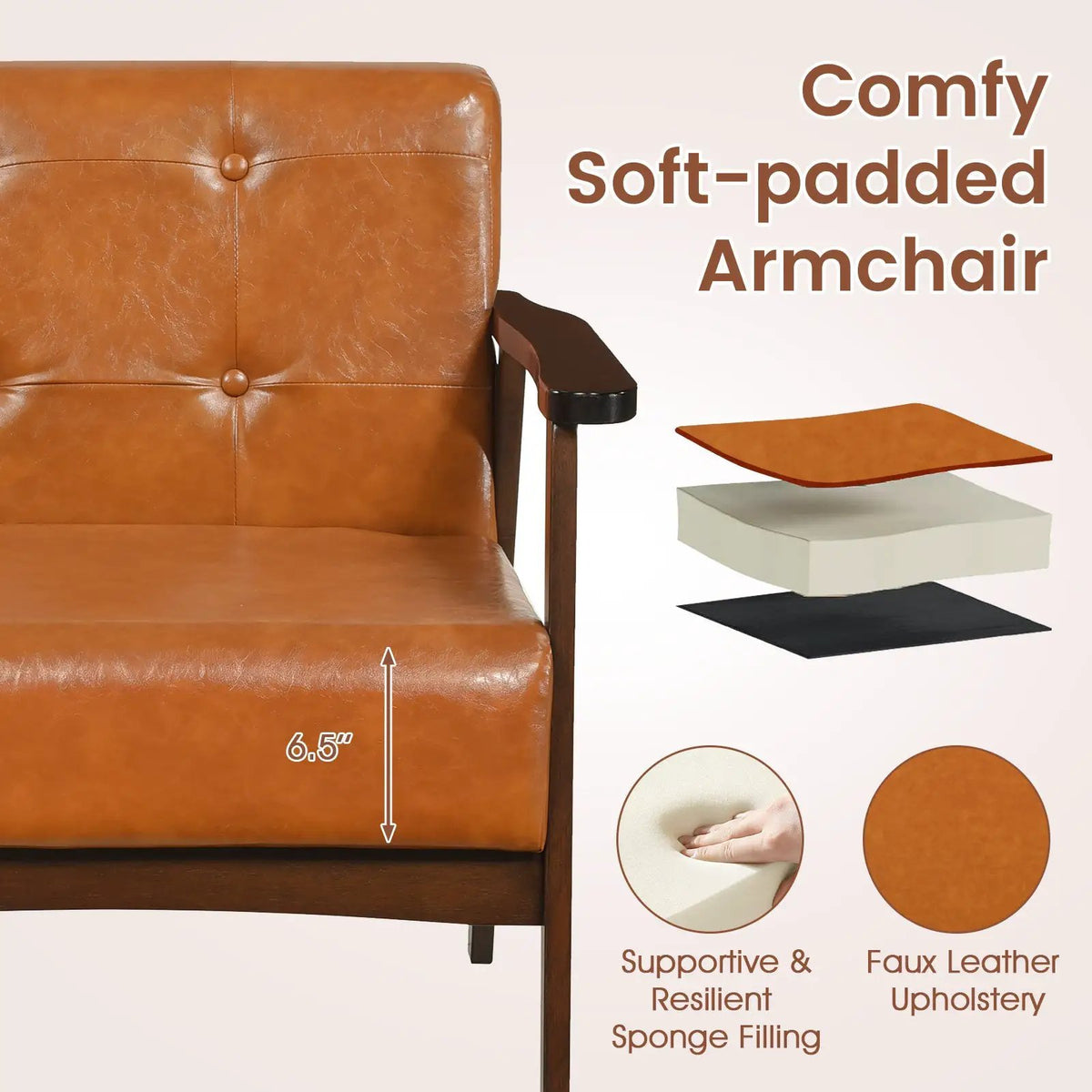 Rubber Wood Frame Accent Chair with Armrest for Living Room, photo 22 of 24