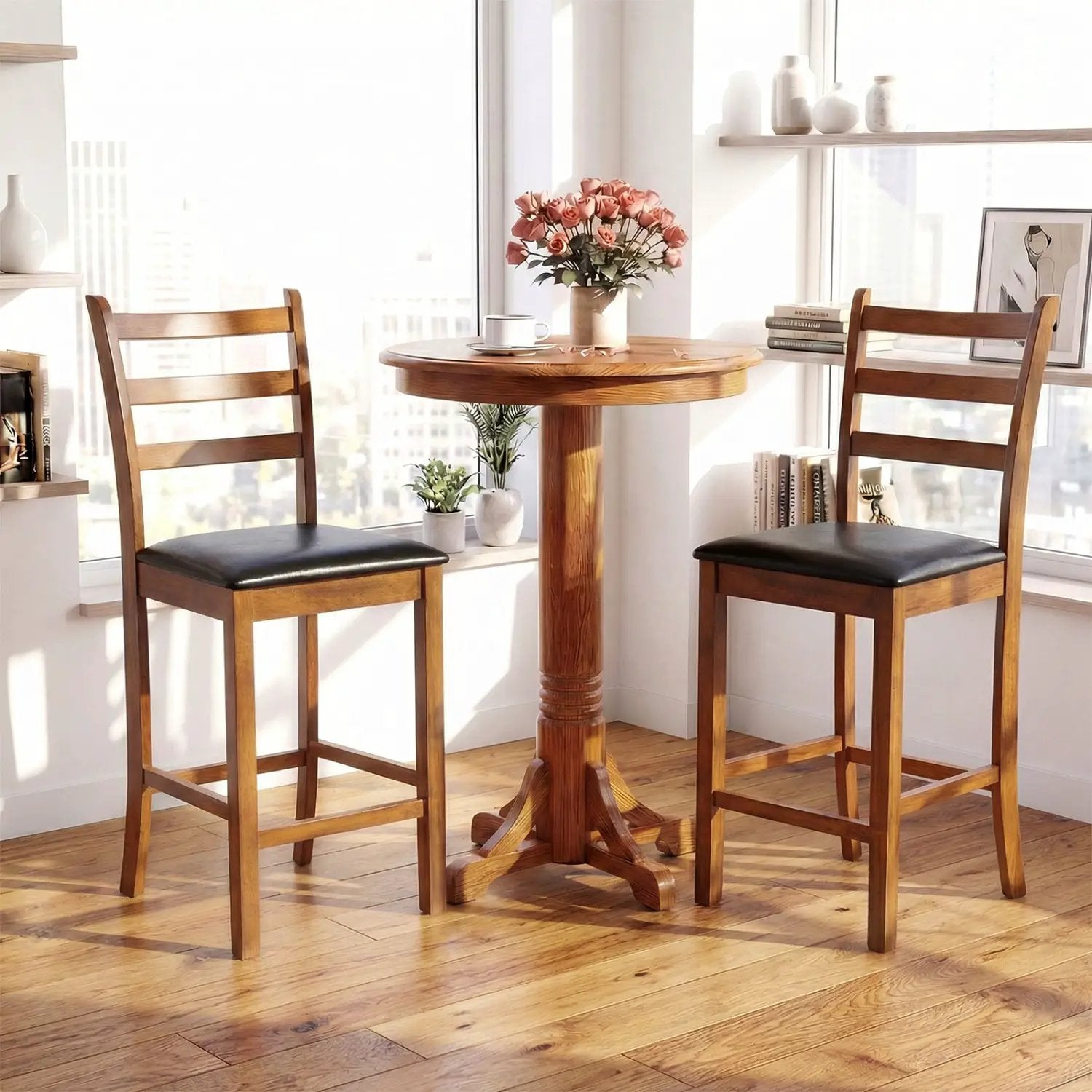 Rubber Wood Ladder Back Bar Stools Set of 2 24inch Counter Height Kitchen Island High Chairs by DirectDeals