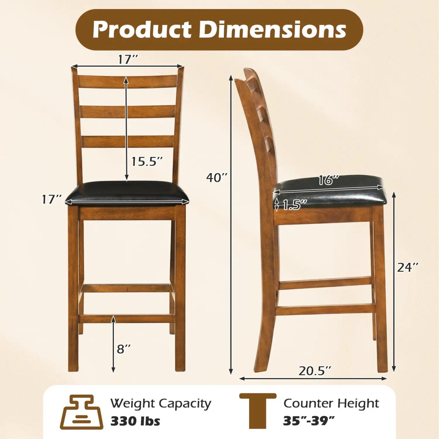 Rubber Wood Ladder Back Bar Stools Set of 2 24inch Counter Height Kitchen Island High Chairs by DirectDeals