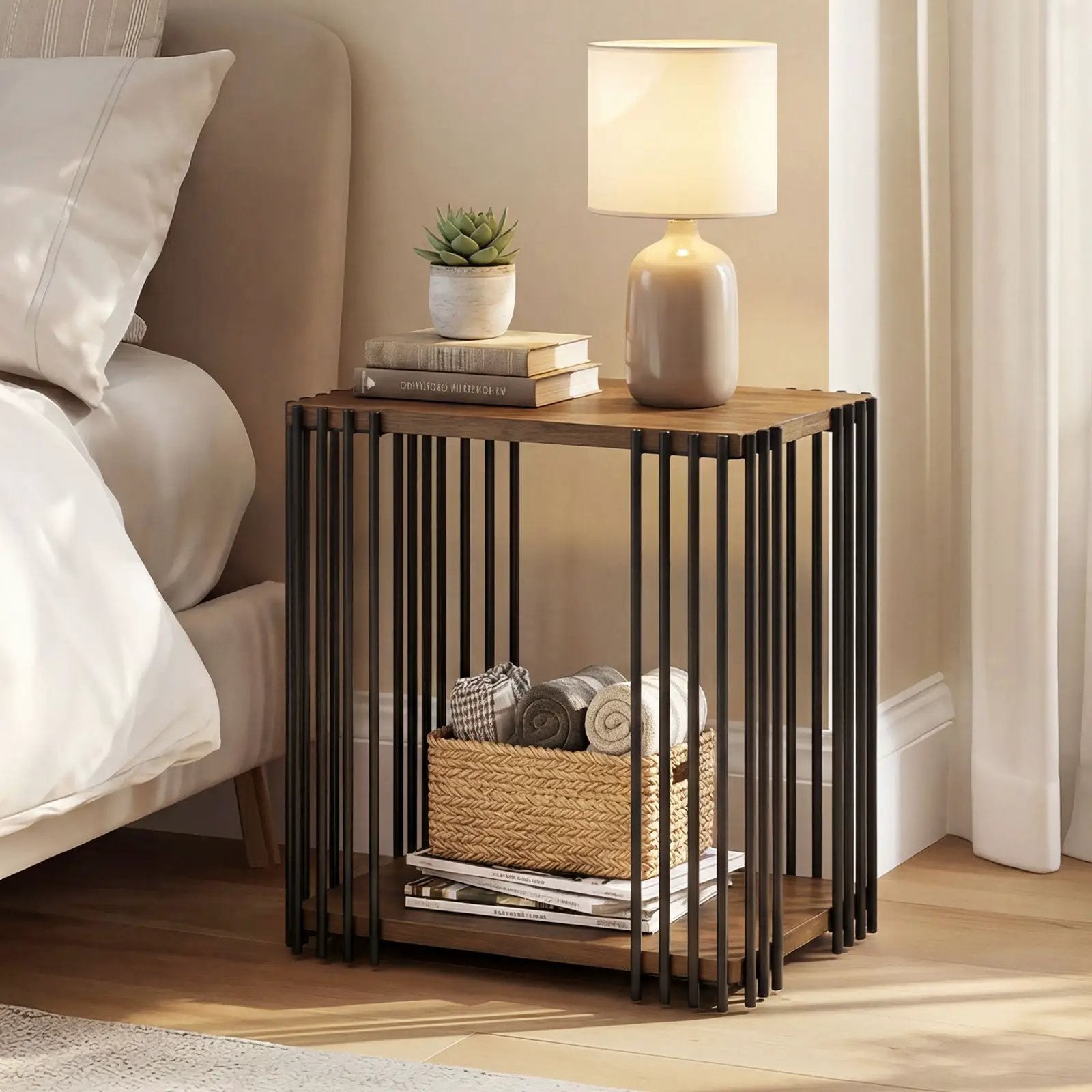 Rubber Wood Side Table with 2-Layer Storage Shelves and Metal Frame-Walnut by DirectDeals