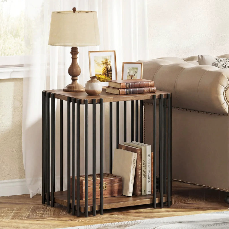 Rubber Wood Side Table with 2-Layer Storage Shelves and Metal Frame-Walnut by DirectDeals