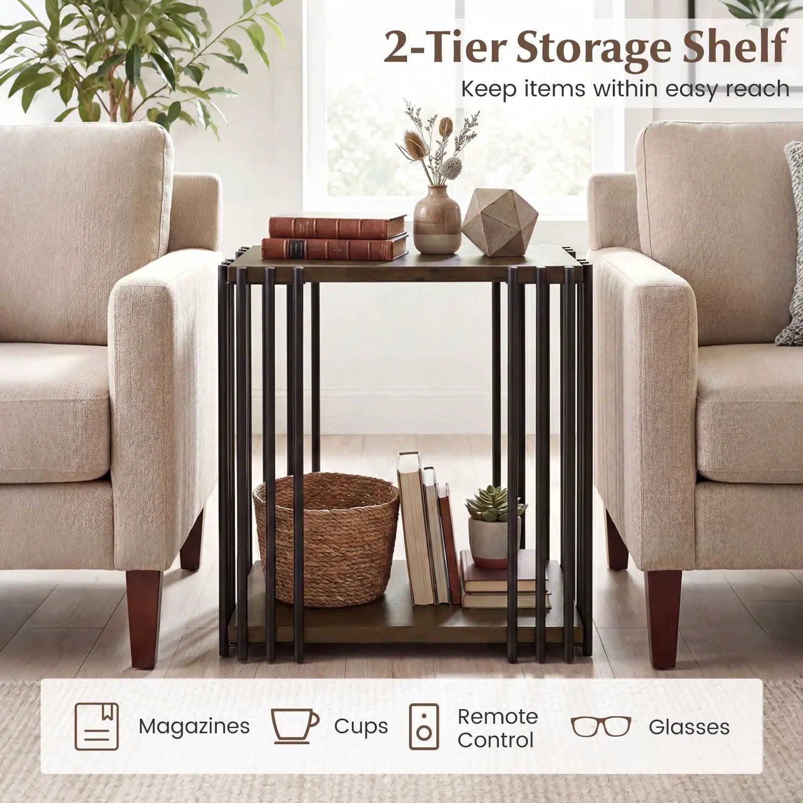 Rubber Wood Side Table with 2-Layer Storage Shelves and Metal Frame-Walnut by DirectDeals