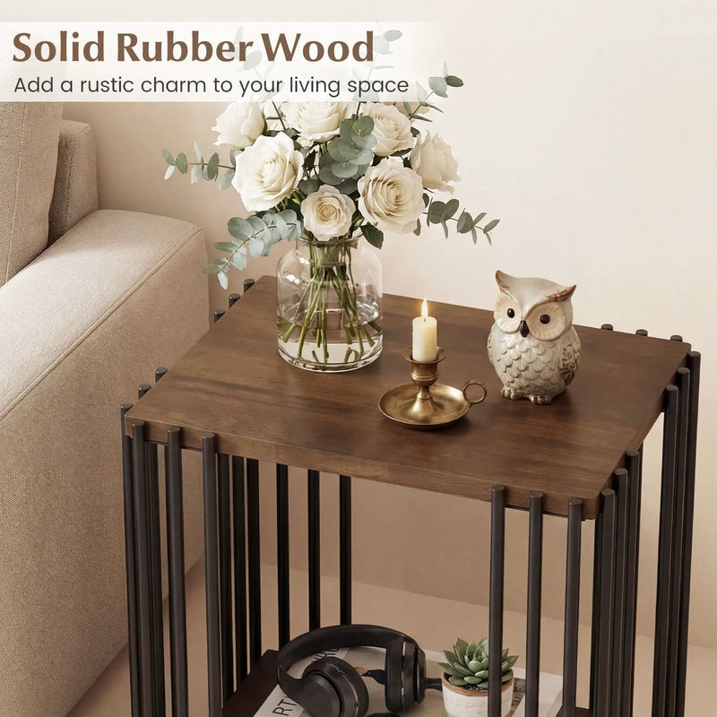 Rubber Wood Side Table with 2-Layer Storage Shelves and Metal Frame-Walnut by DirectDeals