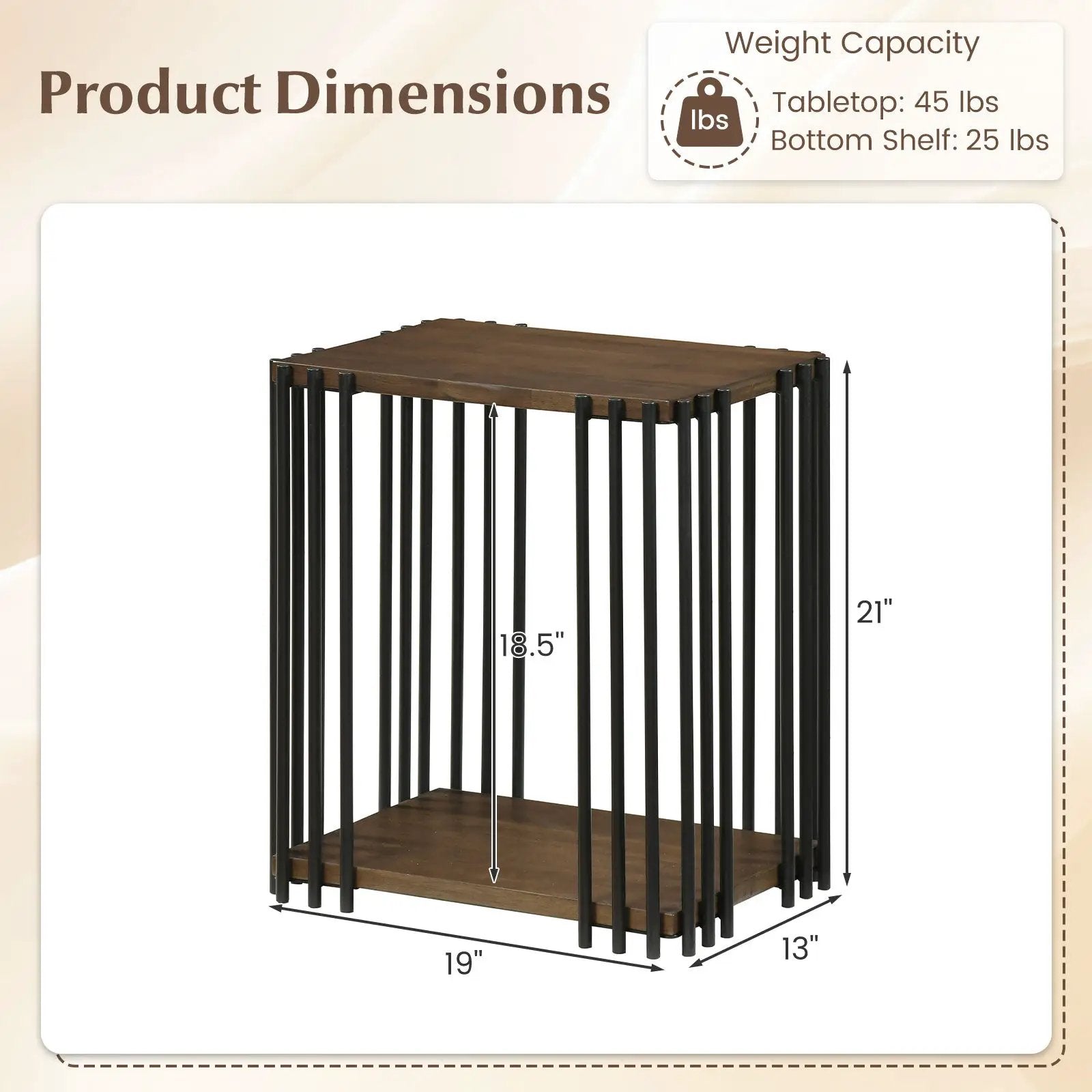 Rubber Wood Side Table with 2-Layer Storage Shelves and Metal Frame-Walnut by DirectDeals