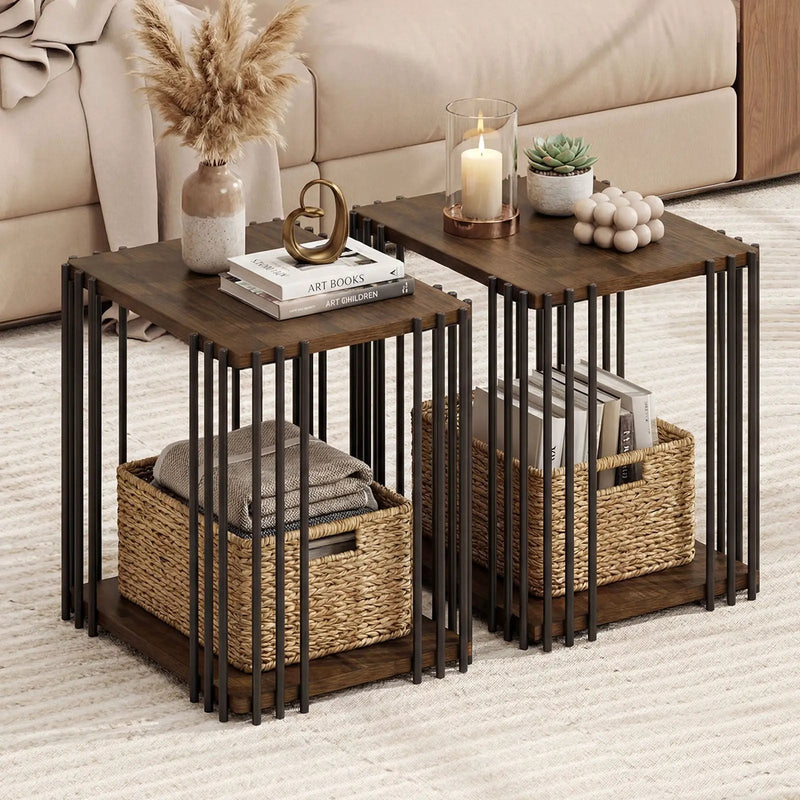 Rubber Wood Side Table Set of 2 with 2-Layer Storage Shelves and Metal Frame-Walnut by DirectDeals