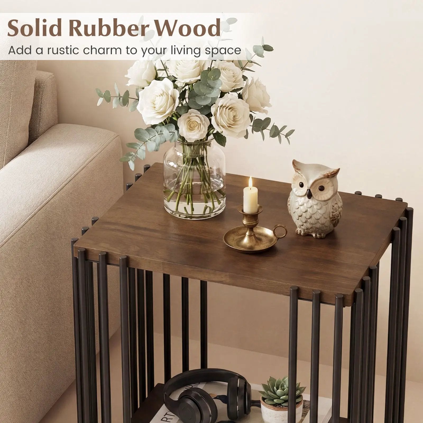 Rubber Wood Side Table Set of 2 with 2-Layer Storage Shelves and Metal Frame-Walnut by DirectDeals