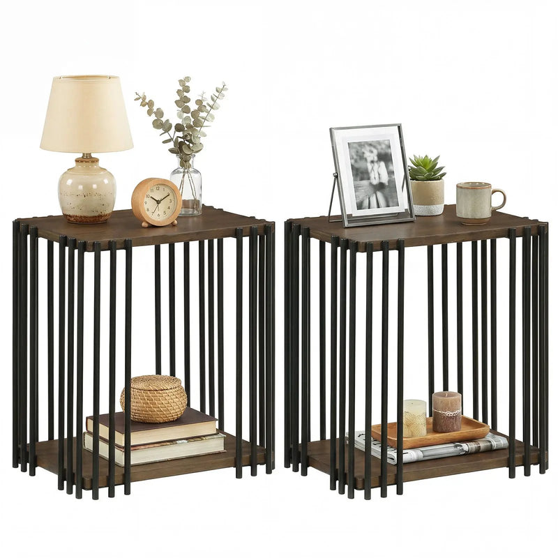 Rubber Wood Side Table Set of 2 with 2-Layer Storage Shelves and Metal Frame-Walnut by DirectDeals