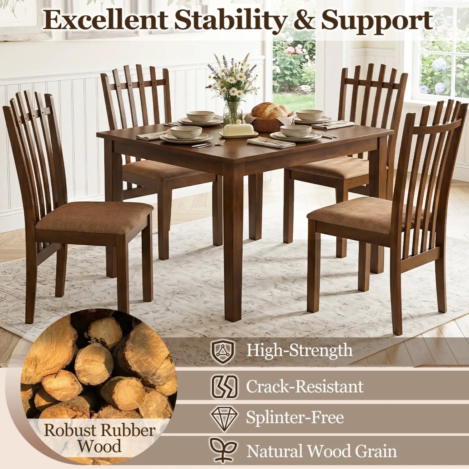 Rubber Wood Dining Chairs Set of 4 with Cushioned Seats by DirectDeals