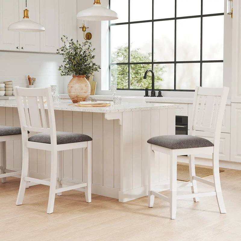 Rubber Wooden Bar Stools Set of 2 with Ergonomic Back and Comfortable Linen Cushion-White by DirectDeals