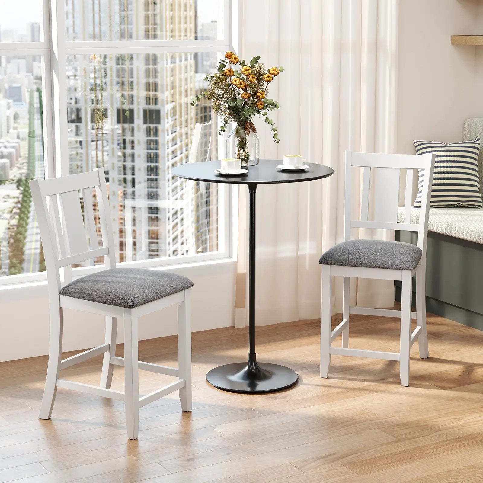 Rubber Wooden Bar Stools Set of 2 with Ergonomic Back and Comfortable Linen Cushion-White by DirectDeals