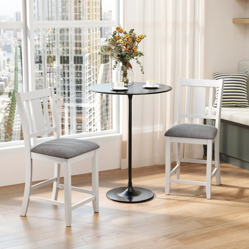 Rubber Wooden Bar Stools Set of 2 with Ergonomic Back and Comfortable Linen Cushion-White by DirectDeals