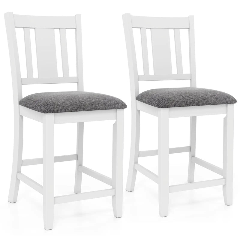 Rubber Wooden Bar Stools Set of 2 with Ergonomic Back and Comfortable Linen Cushion-White by DirectDeals
