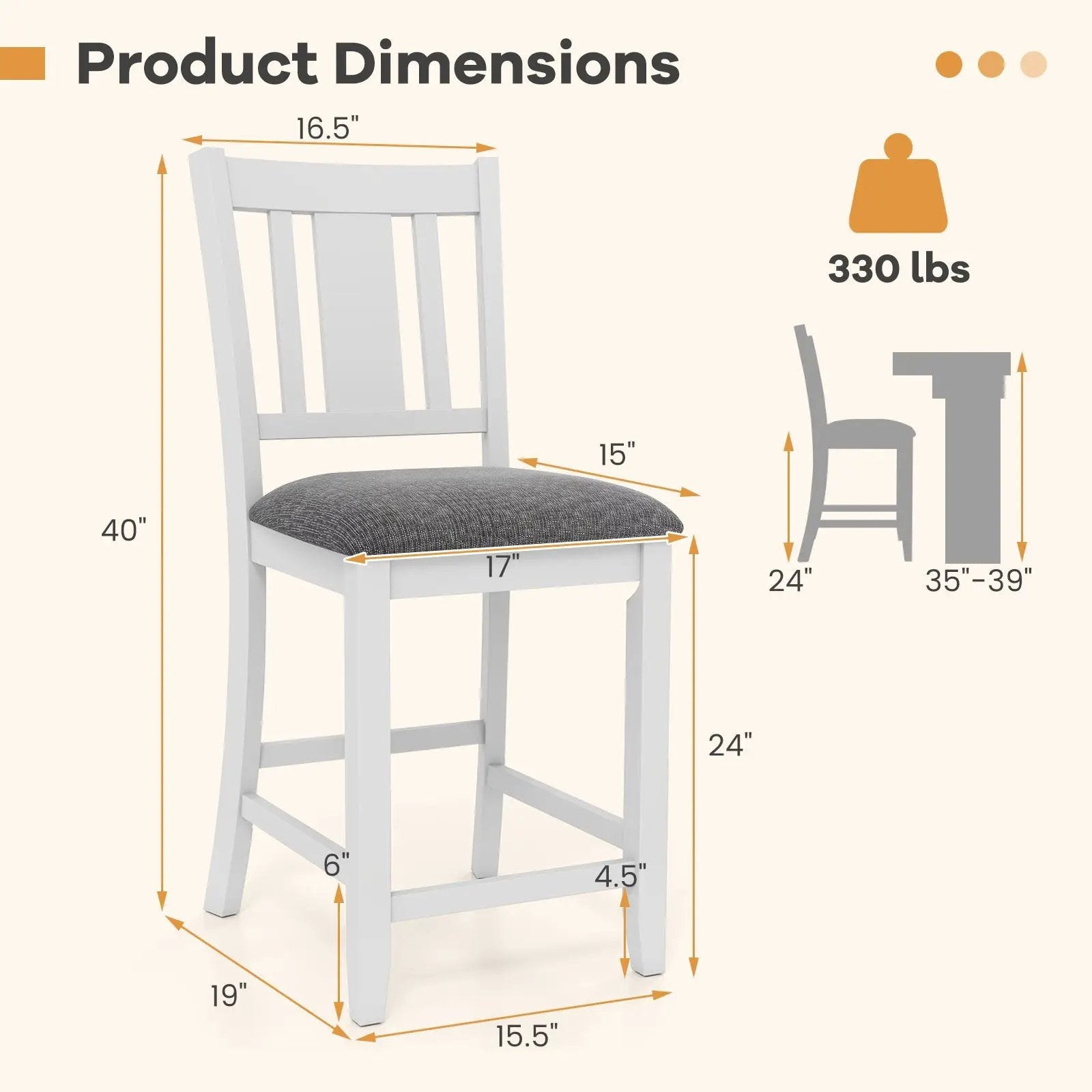 Rubber Wooden Bar Stools Set of 2 with Ergonomic Back and Comfortable Linen Cushion-White by DirectDeals