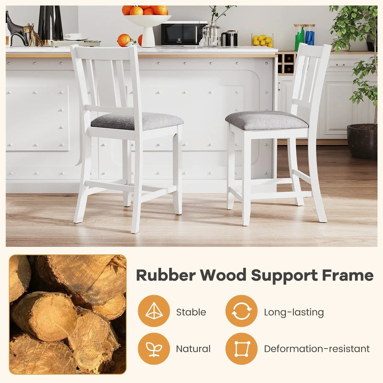 Rubber Wooden Bar Stools Set of 2 with Ergonomic Back and Comfortable Linen Cushion-White by DirectDeals
