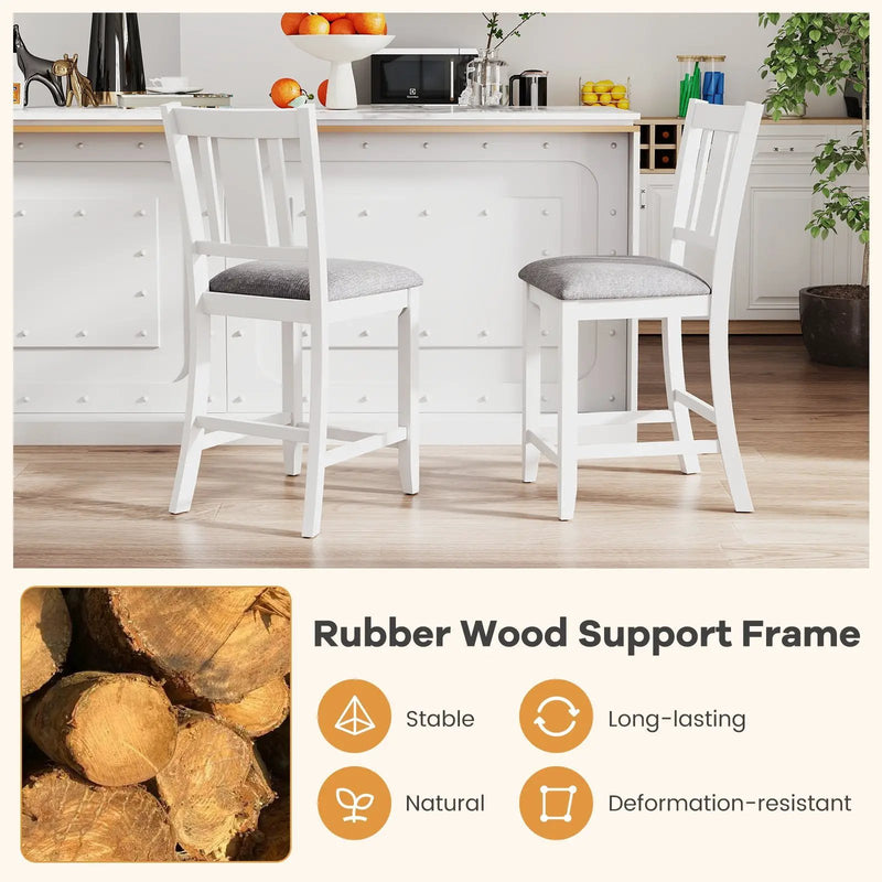 Rubber Wooden Bar Stools Set of 2 with Ergonomic Back and Comfortable Linen Cushion-White by DirectDeals