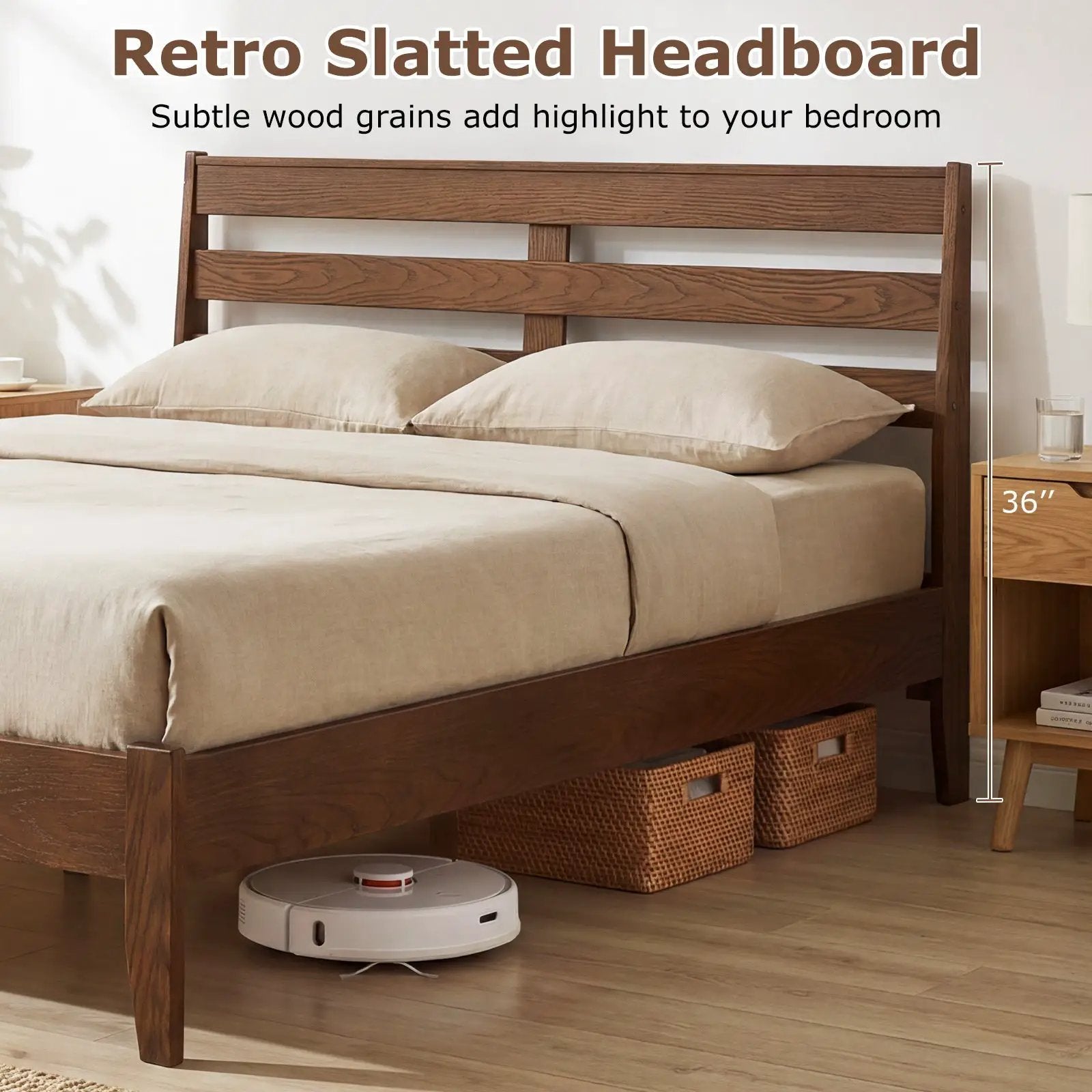 Twin Size Wood Platform Bed Frame with Slat Headboard by DirectDeals