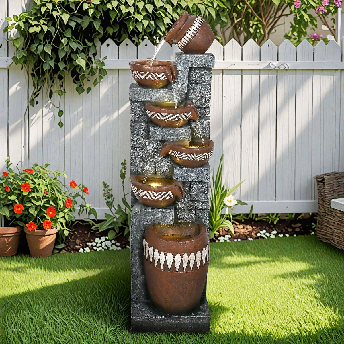 Resin Bohemian 6 Tier Tall Outdoor Water Fountain with LED, photo 2 of 10