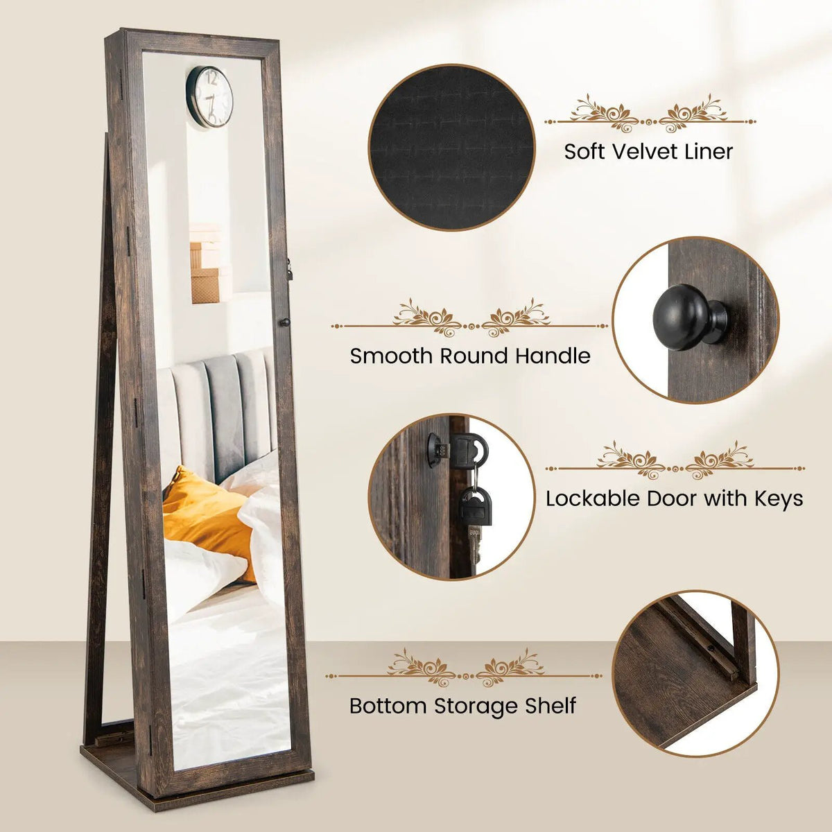 Standing Lockable Jewelry Storage Organizer with Full-Length Mirror, photo 5 of 8