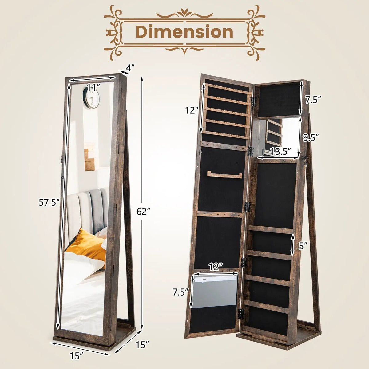 Standing Lockable Jewelry Storage Organizer with Full-Length Mirror, photo 4 of 8