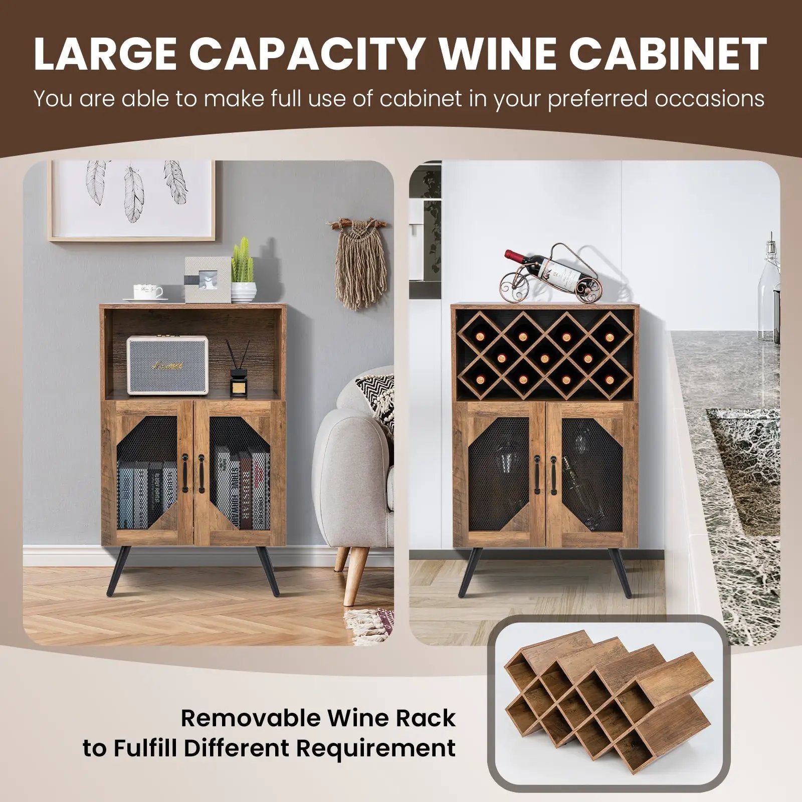 2-Door Farmhouse Kitchen Storage Bar Cabinet with Wine Rack and Glass Holder-Rustic Brown by DirectDeals