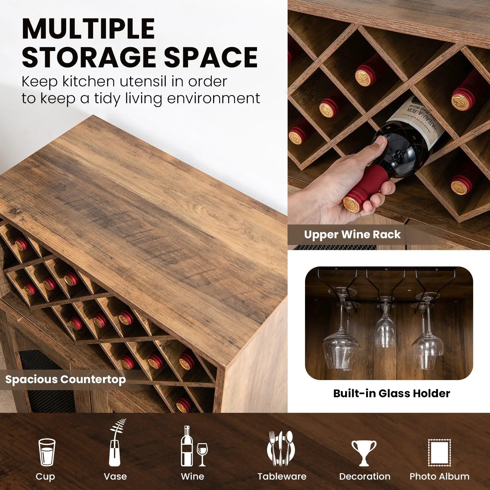 2-Door Farmhouse Kitchen Storage Bar Cabinet with Wine Rack and Glass Holder-Rustic Brown by DirectDeals