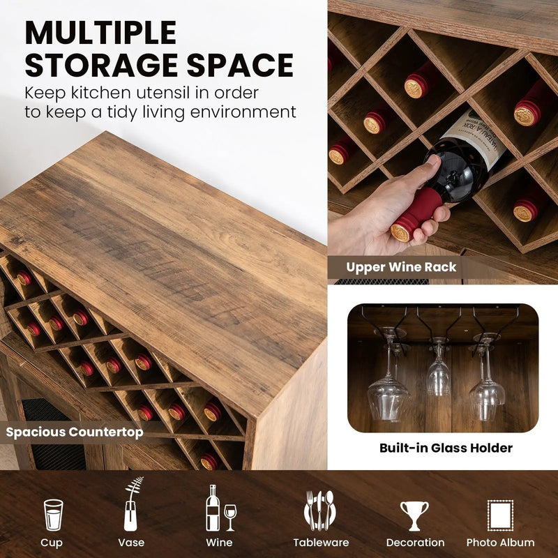 2-Door Farmhouse Kitchen Storage Bar Cabinet with Wine Rack and Glass Holder-Rustic Brown by DirectDeals