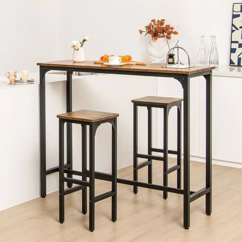 3 Pieces Industrial Bar Table and Chairs Set with Metal Frame-Rustic Brown by DirectDeals