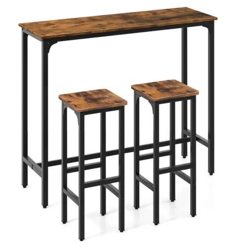 3 Pieces Industrial Bar Table and Chairs Set with Metal Frame-Rustic Brown by DirectDeals