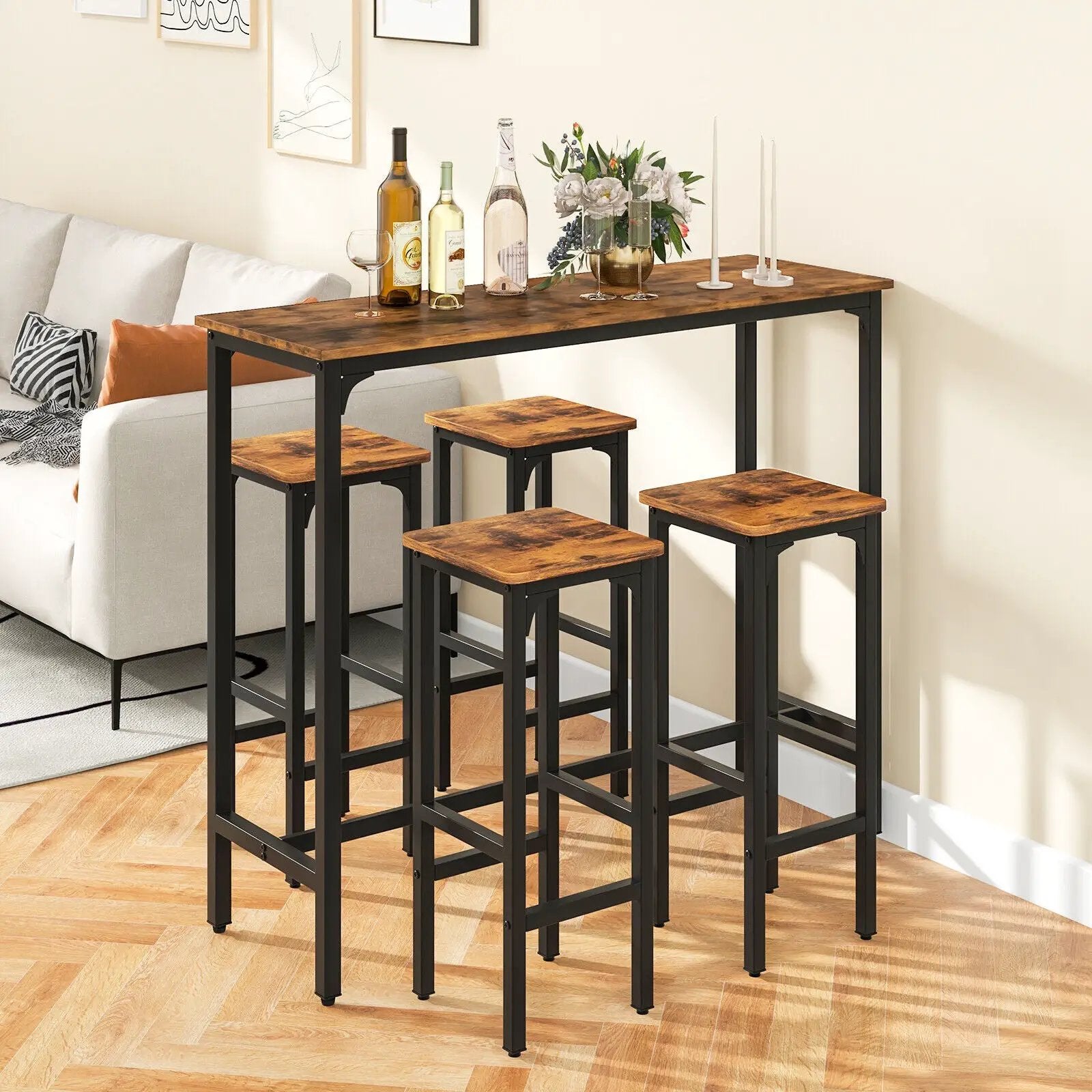 3 Pieces Industrial Bar Table and Chairs Set with Metal Frame-Rustic Brown by DirectDeals