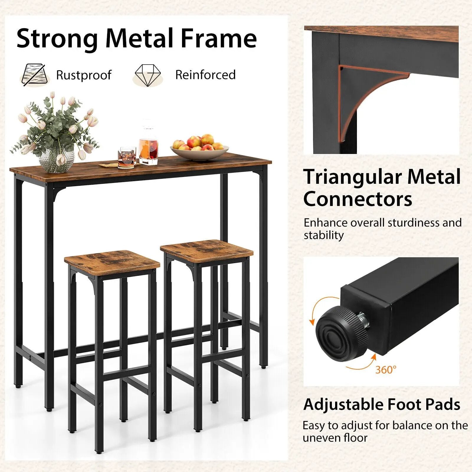3 Pieces Industrial Bar Table and Chairs Set with Metal Frame-Rustic Brown by DirectDeals
