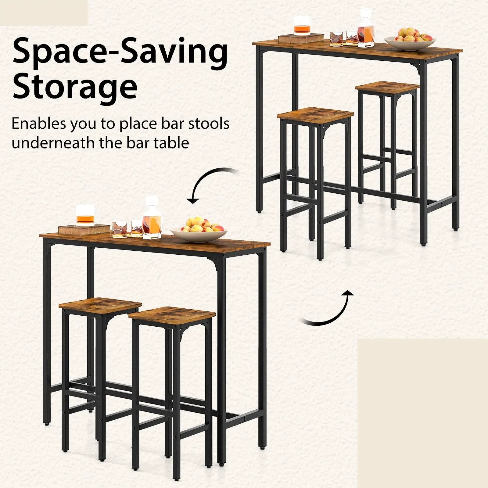 3 Pieces Industrial Bar Table and Chairs Set with Metal Frame-Rustic Brown by DirectDeals