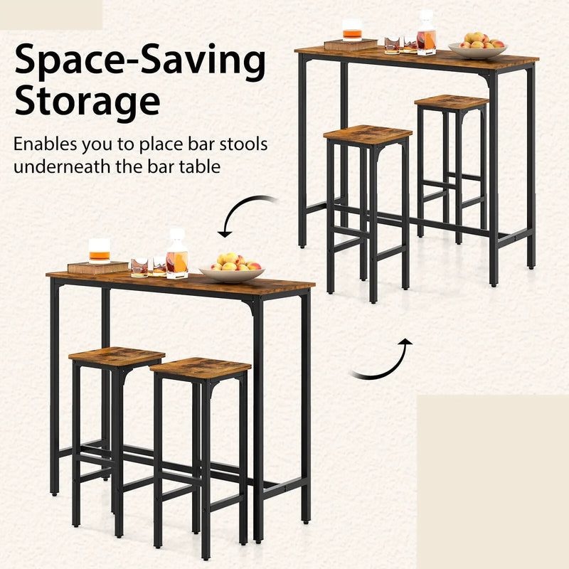 3 Pieces Industrial Bar Table and Chairs Set with Metal Frame-Rustic Brown by DirectDeals