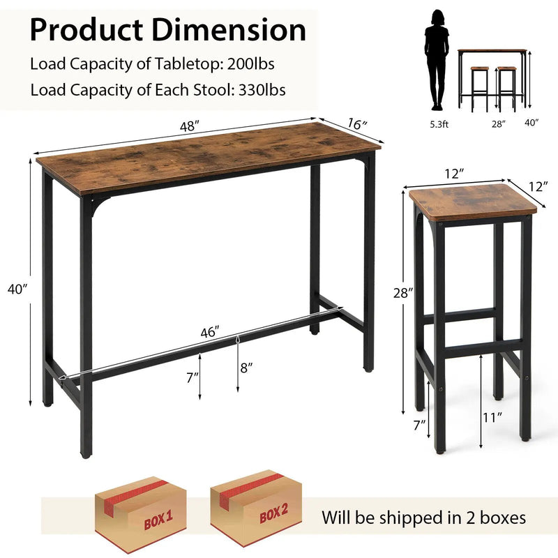 3 Pieces Industrial Bar Table and Chairs Set with Metal Frame-Rustic Brown by DirectDeals