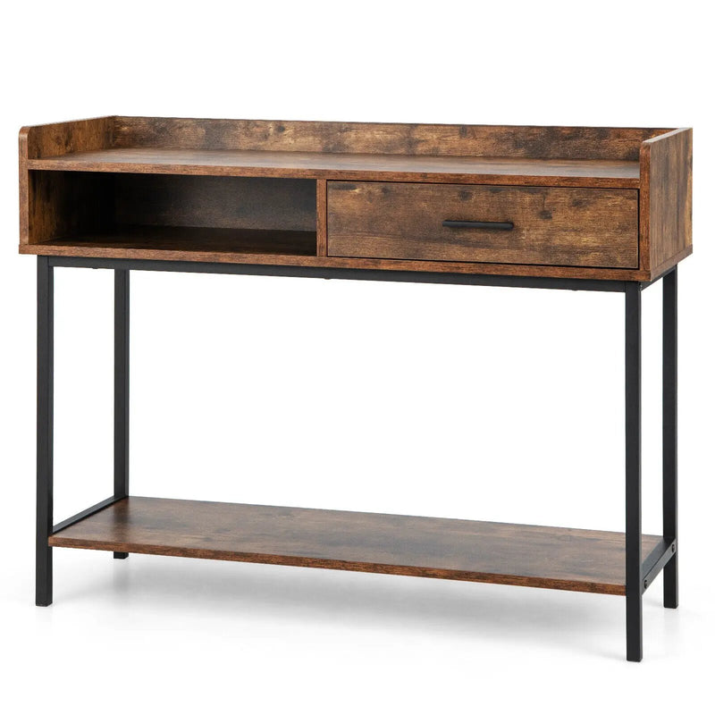 Long Console Table with Drawer and Metal Frame-Rustic Brown by DirectDeals