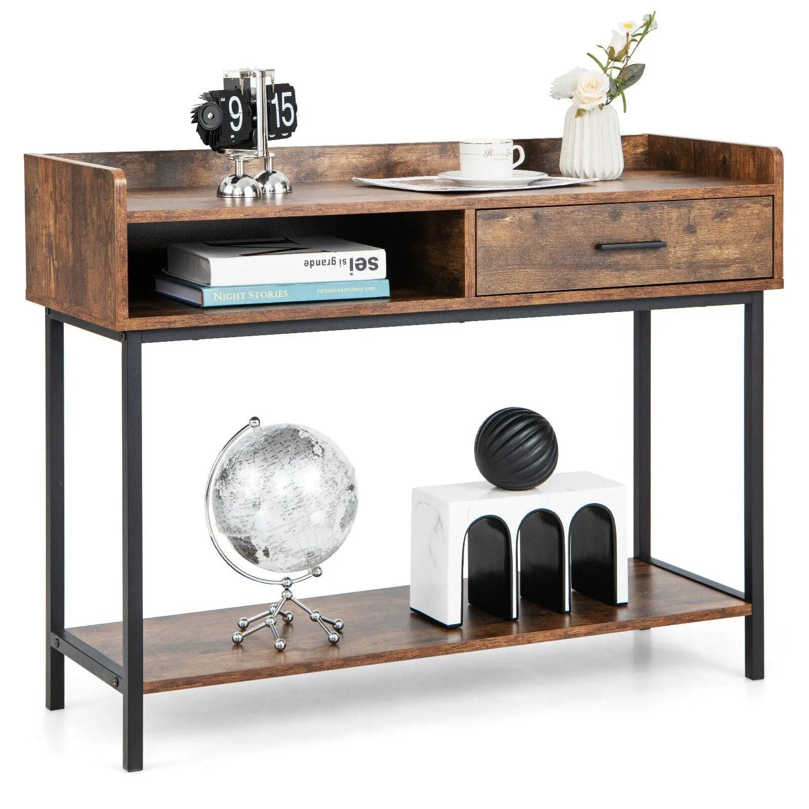 Long Console Table with Drawer and Metal Frame-Rustic Brown by DirectDeals
