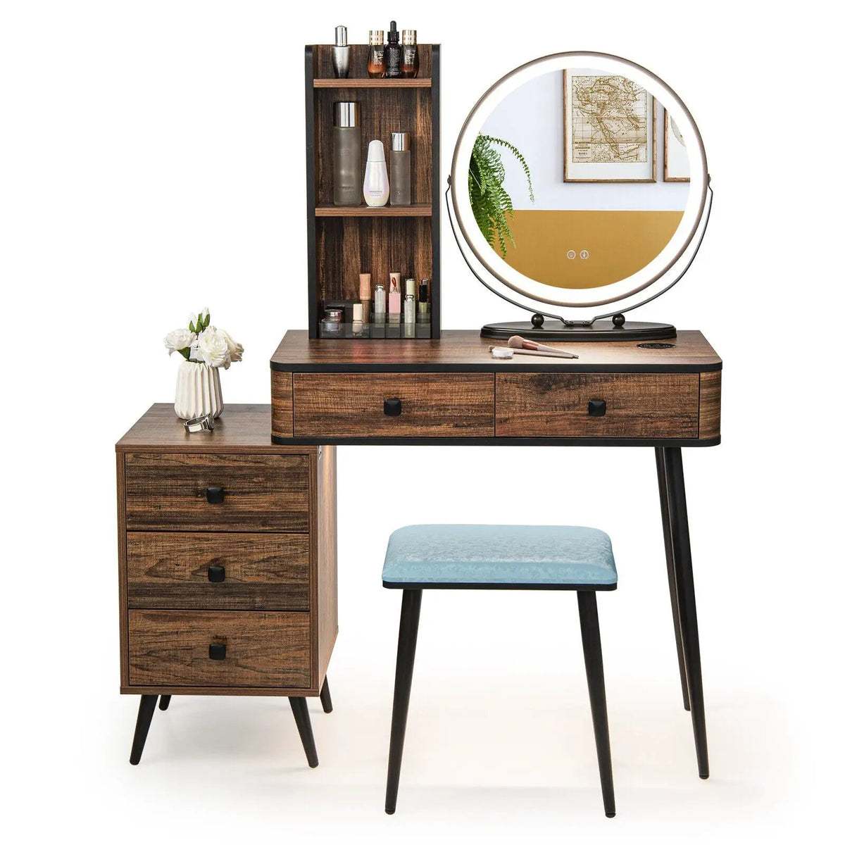 Vanity Table Set with 3-Color Lighted Mirror and Cushioned Stool, photo 7 of 9
