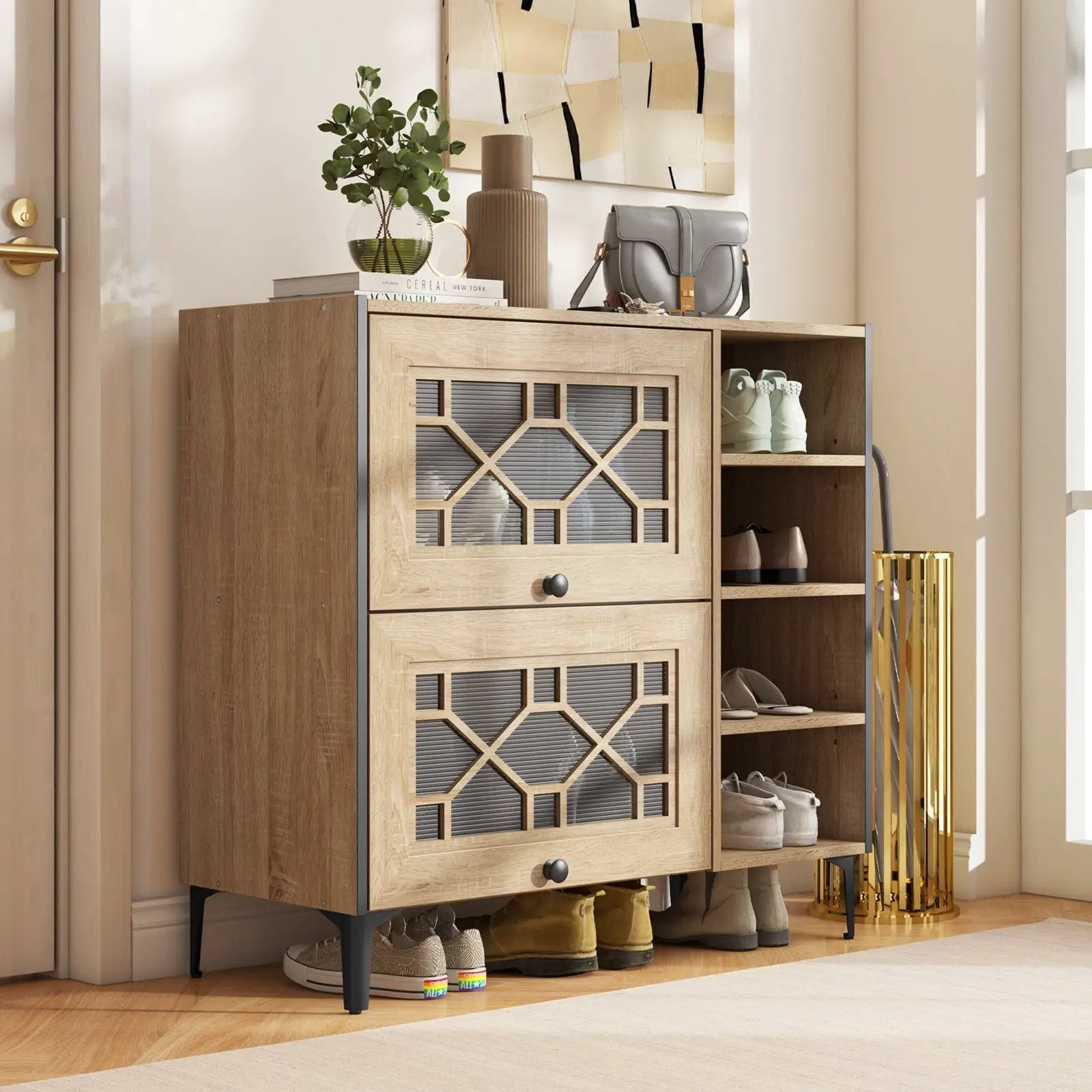 Rustic Shoe Cabinet with Flip-up See-through Doors and Adjustable Shelves-Oak by DirectDeals
