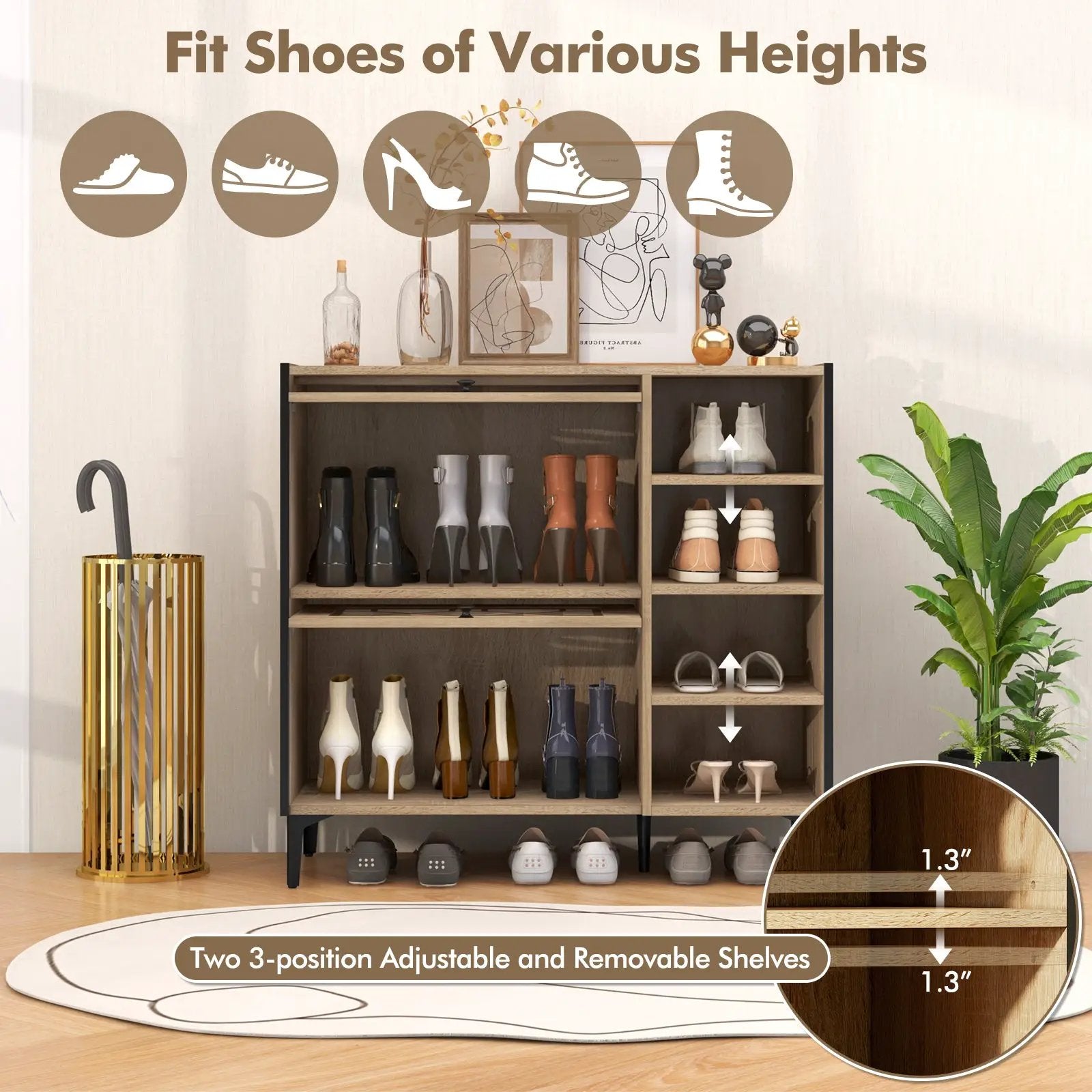 Rustic Shoe Cabinet with Flip-up See-through Doors and Adjustable Shelves-Oak by DirectDeals