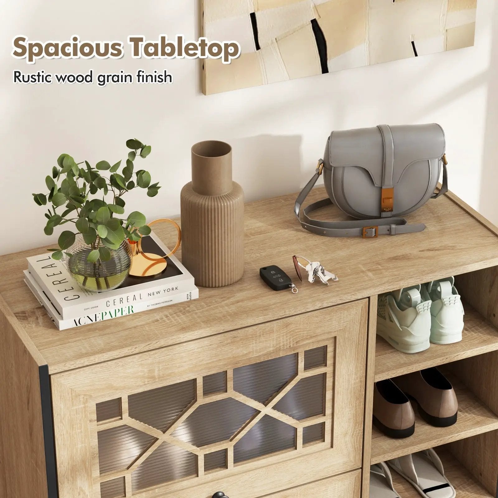 Rustic Shoe Cabinet with Flip-up See-through Doors and Adjustable Shelves-Oak by DirectDeals