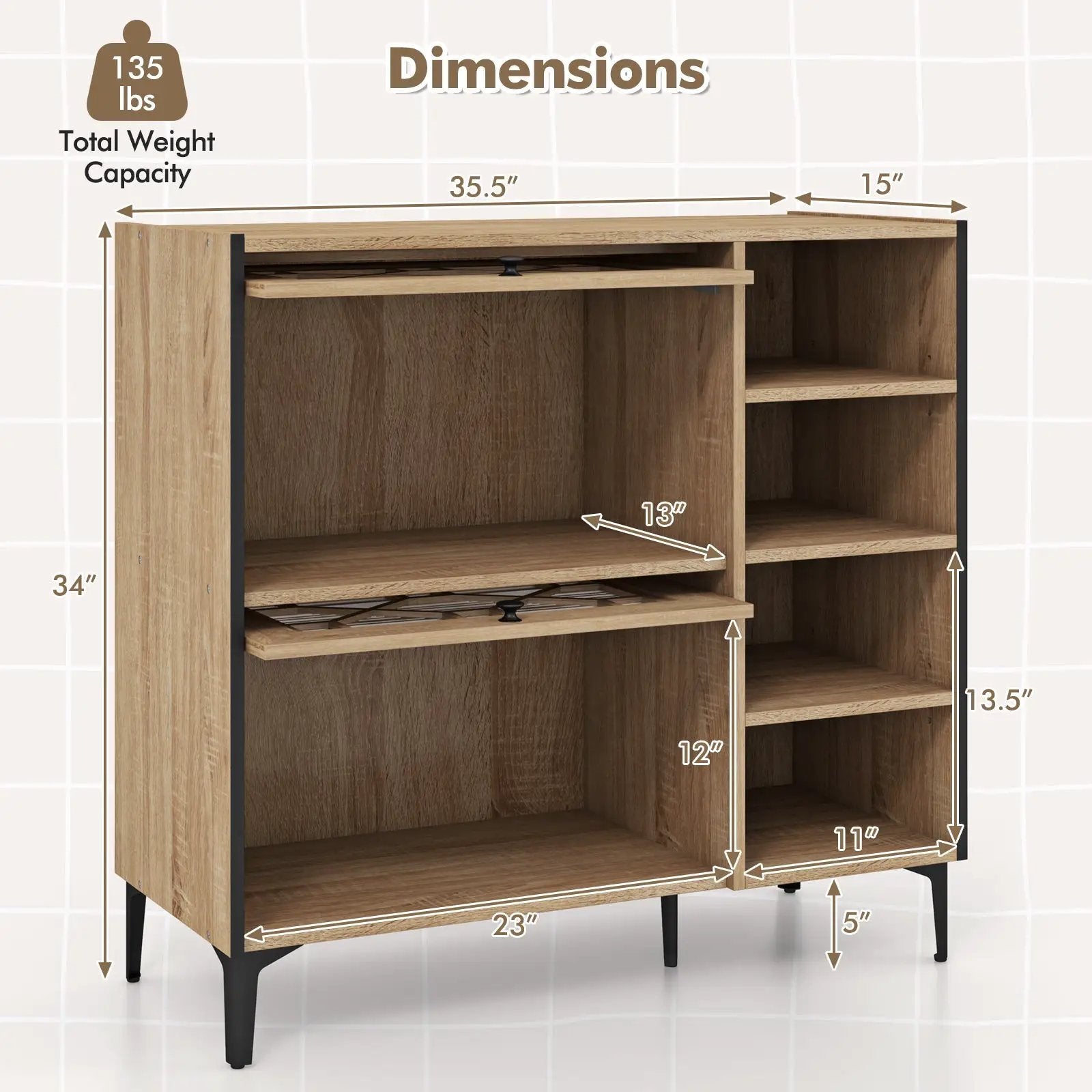 Rustic Shoe Cabinet with Flip-up See-through Doors and Adjustable Shelves-Oak by DirectDeals